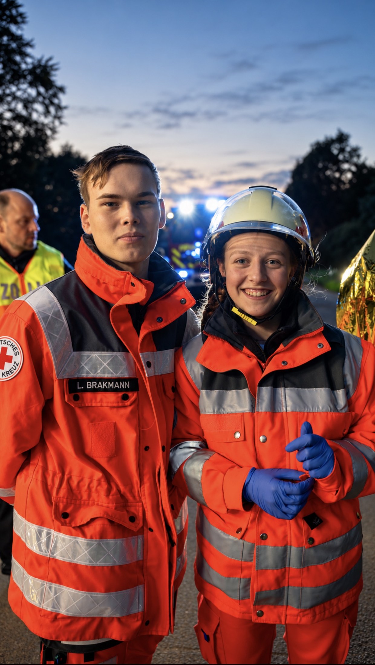 Zwei Rettungskräfte in Einsatzkleidung vor abendlichem Himmel