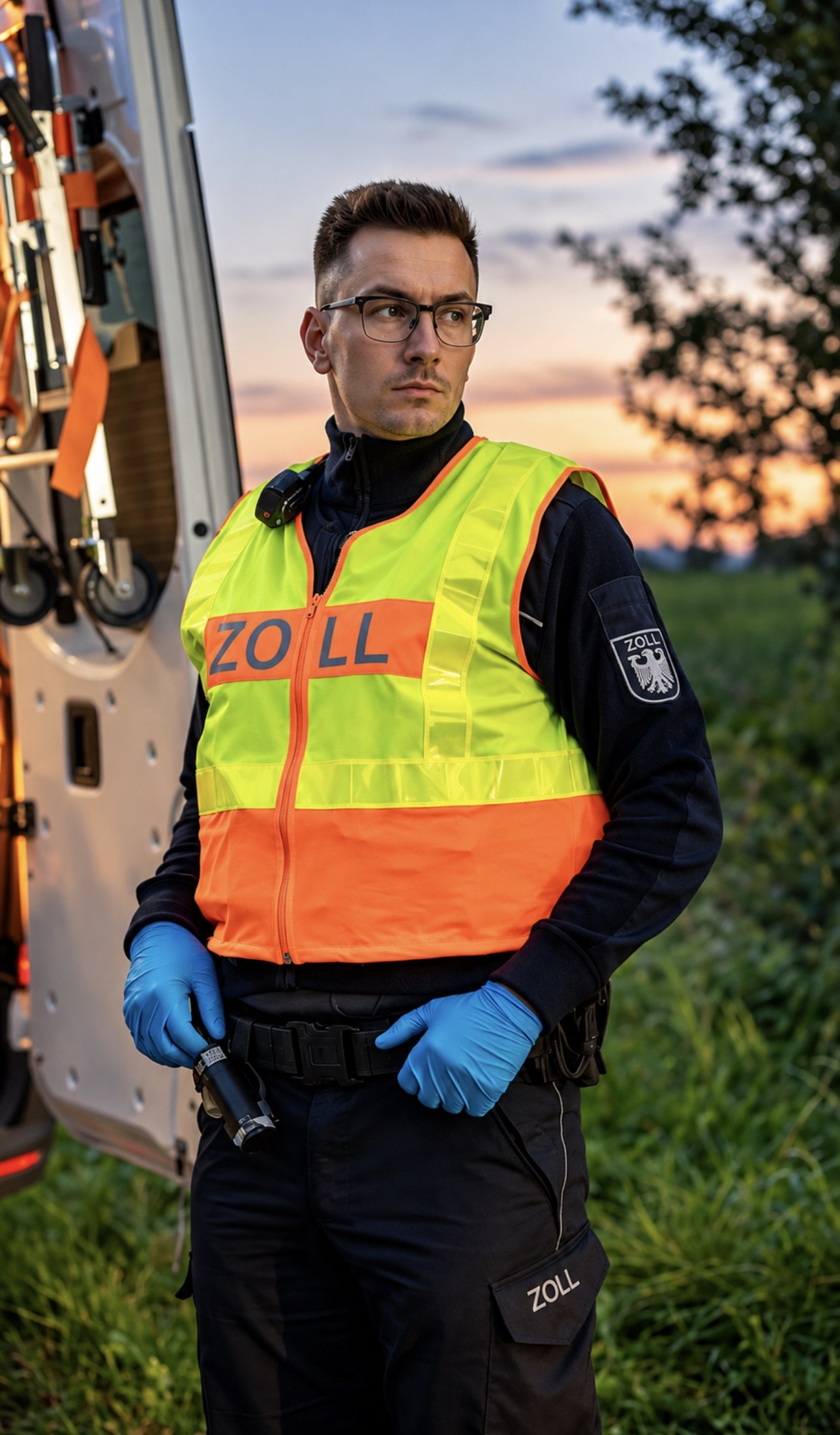 Mann in Zoll-Warnweste neben einem Fahrzeug bei Sonnenuntergang