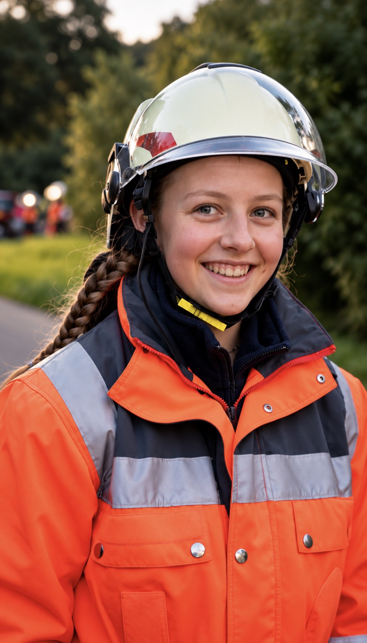 Lächelnde Rettungskraft mit weißem Helm und orangefarbener Einsatzjacke