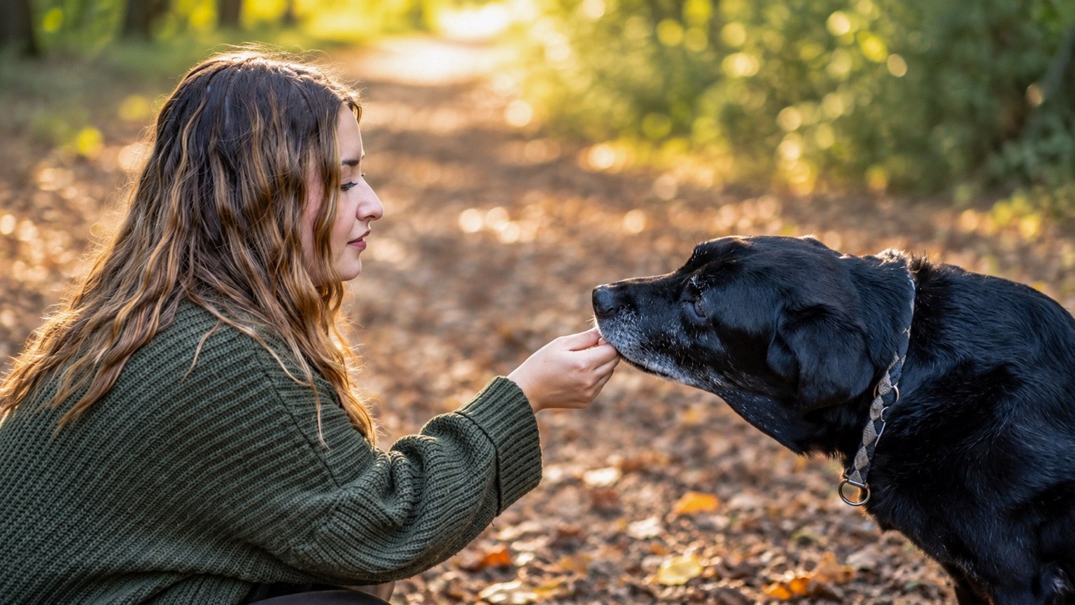 Frau und schwarzer Hund auf einem herbstlichen Waldweg