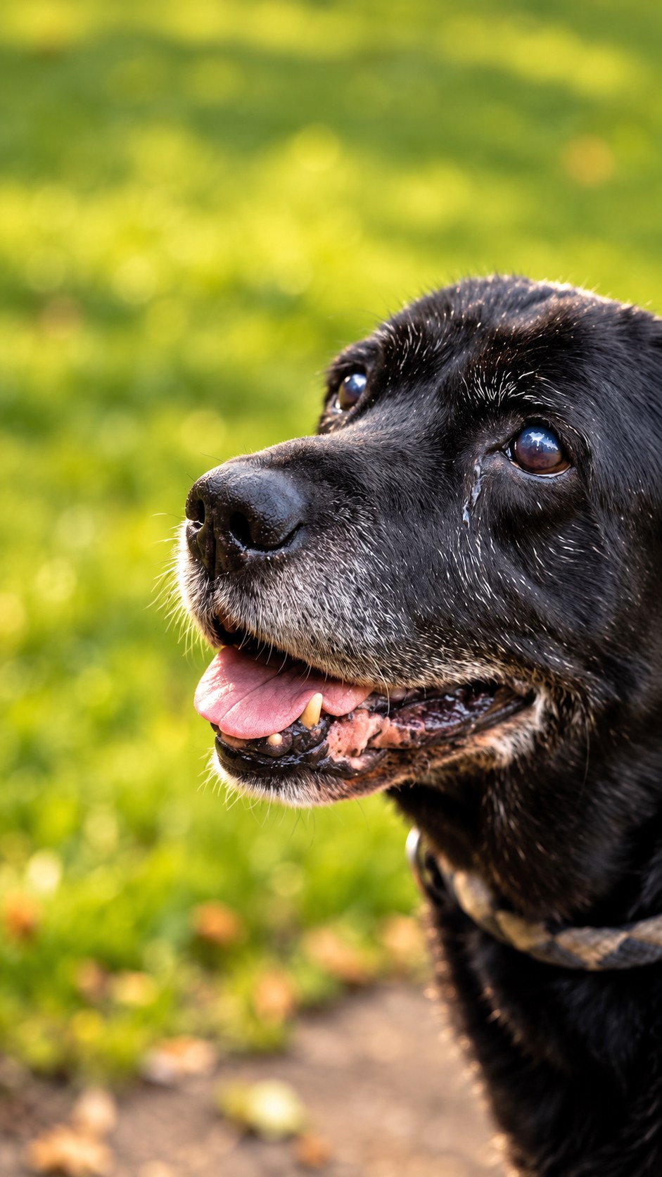 Nahaufnahme eines schwarzen Hundes im Grünen