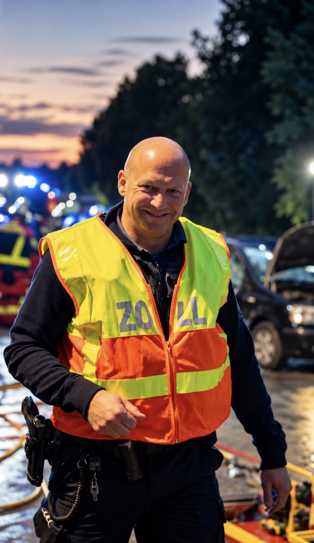 Lächelnder Mann in Zoll-Warnweste vor Einsatzfahrzeugen bei Sonnenuntergang